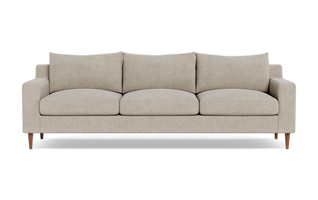 The Sloan Custom 3-Seat 95" Sofa features three seats and boasts a minimalist and modern design with its straight arms and wooden legs. It comes in beige and includes three back cushions along with three seat cushions.