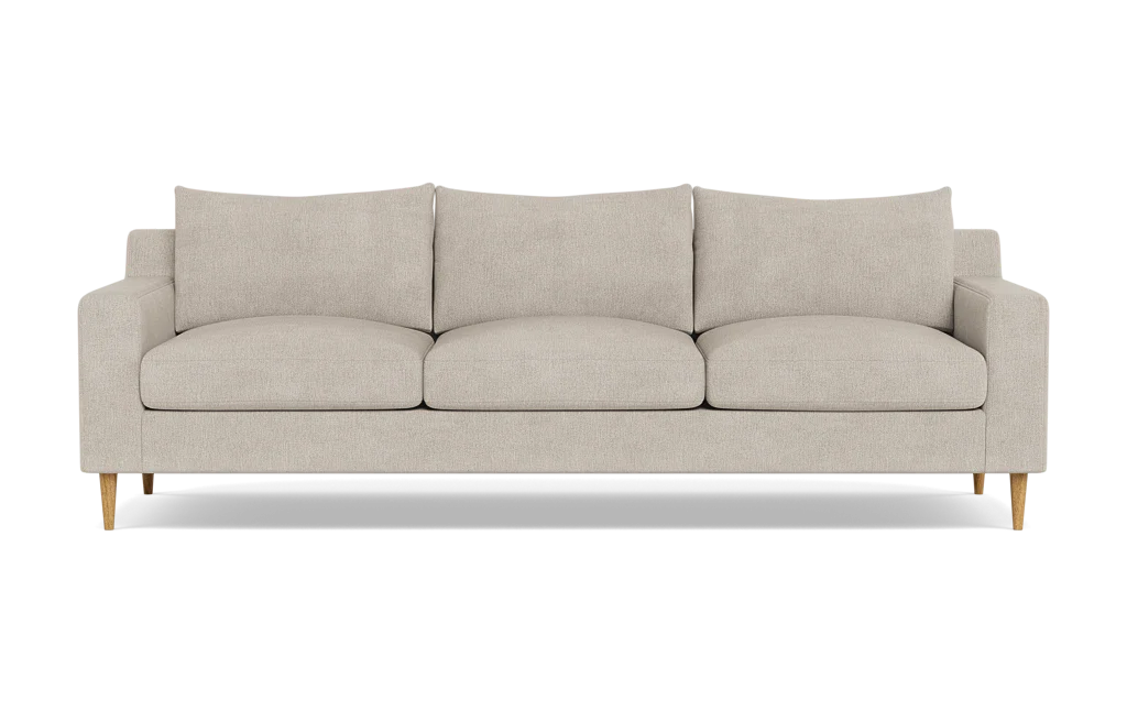 Introducing the Sloan Custom 3-Seat 95" Sofa, a stylish three-seater in beige with square armrests and wooden legs, complemented by three back cushions and three seat cushions.