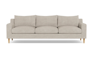Introducing the Sloan Custom 3-Seat 95" Sofa, a stylish three-seater in beige with square armrests and wooden legs, complemented by three back cushions and three seat cushions.