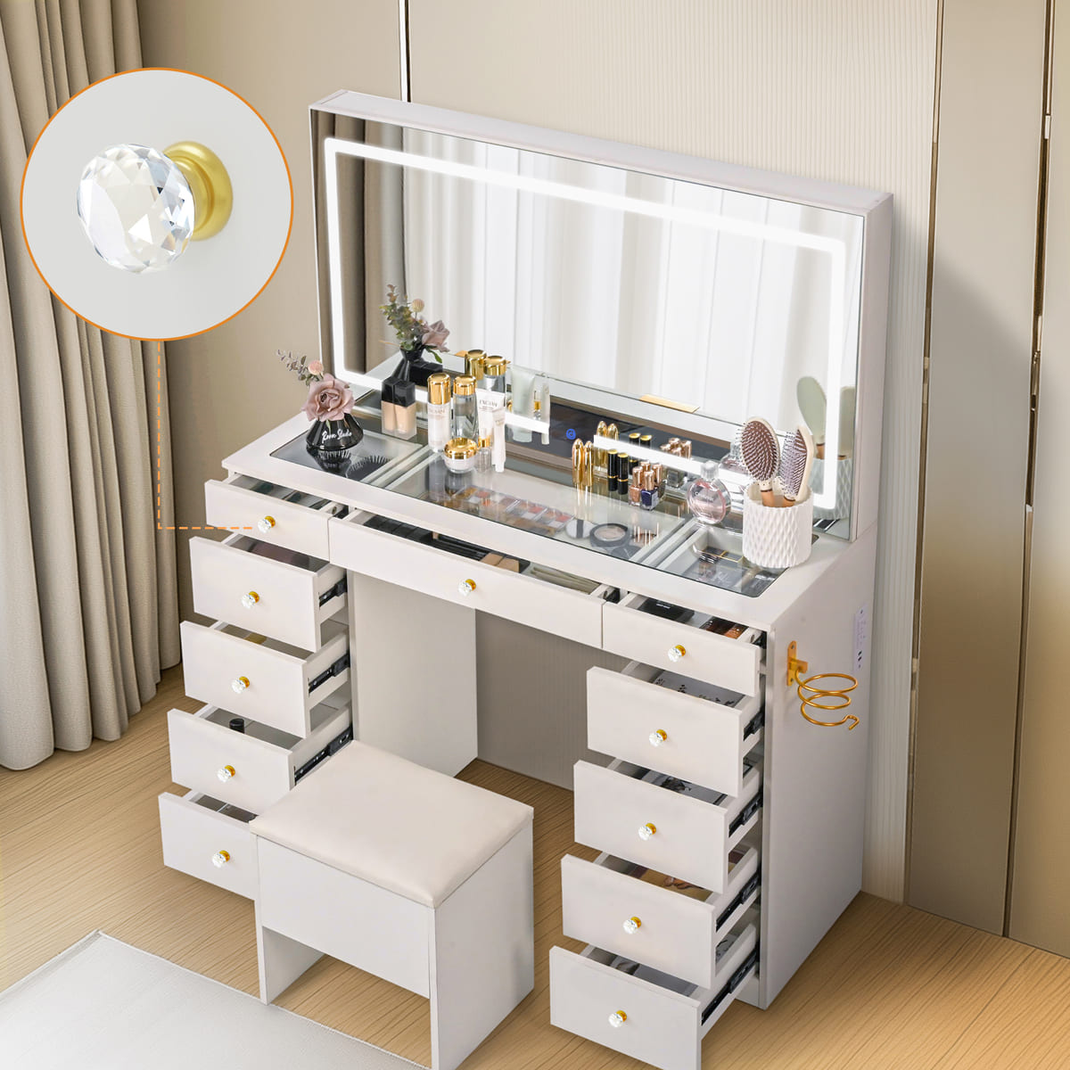 11-Drawer Makeup Vanity Desk with Crystal Knobs