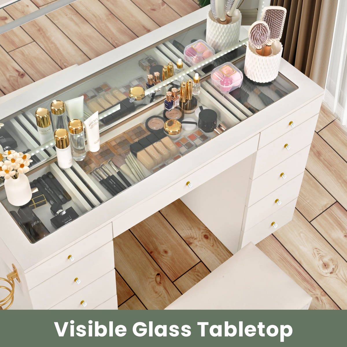 11-Drawer Makeup Vanity Desk with Crystal Knobs