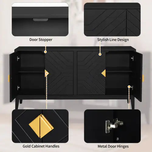 4-door Sideboard Storage Cabinet For Living And Dining Room, Two Large Cabinets With Gold Handle And Adjustable Shelves, Black
