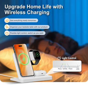 15W Magnetic Wireless Charger Stand Foldable 3 In 1 Fast Charging Sation for iPhone 17- 12 Pro Max Apple Watch 8 7 Airpods Pro