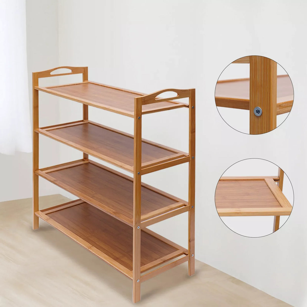 4 Tier Bamboo Shoe Rack, Shoe Shelf, Eco-Friendly Shoe Organizer, Multipurpose Open Storage Shelf, Natural Bamboo Material, Large Capacity for Family Shoes, Top Handle for Easy Move, Breathable, Mold Resistant, for Entryway L