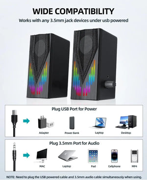 USB-Powered Computer Speakers with RGB Lights, Stereo Sound for PC/Laptop/Tablet