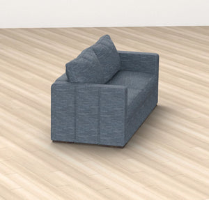 The Sactionals - 2 Seats + 4 Sides Vintage Blue Rained Chenille, featuring a modern, boxy design, is placed on a light wood floor. The small blue-gray sofa with two cushions is viewed from an elevated angle and is positioned to face slightly away from the camera.