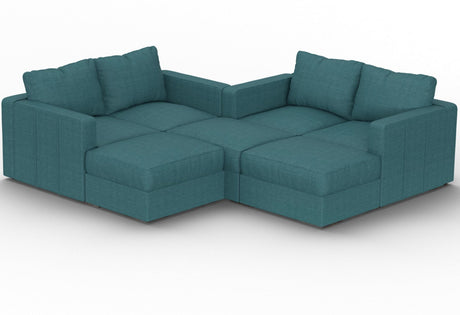 A Mediterranea Solid Polylinen Sactionals - 7 Seats + 8 Sides set, featuring a teal modular design with multiple cushions and deep seating, arranged in an L-shape against a white background.