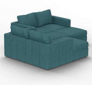 The Sactionals - 7 Seats + 8 Sides Mediterranea Solid Polylinen is a contemporary teal sectional sofa featuring squared cushions and armrests, presented in a modular setup. Its design includes multiple individual seat sections that can be rearranged, showcasing its versatility and modern aesthetic.