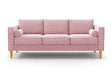 The Samson Sofa is a pink, modern three-seater featuring rectangular cushions and two cylindrical bolster pillows, complemented by wooden legs against a white background.