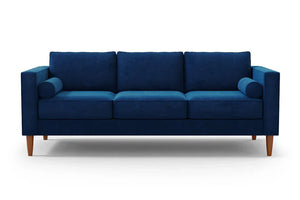 Product Description: The Samson Sofa is a contemporary, deep blue three-seater with square arms and wooden legs. It boasts three back cushions and includes two cylindrical bolster pillows, all showcased against a plain white background.