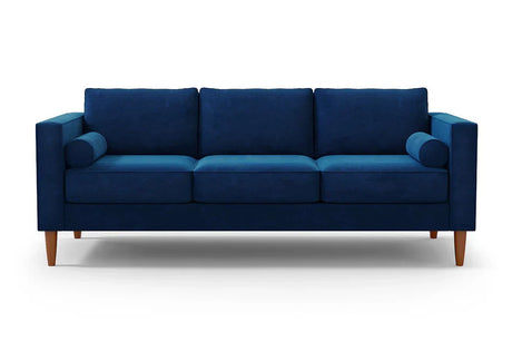 Product Description: The Samson Sofa is a contemporary, deep blue three-seater with square arms and wooden legs. It boasts three back cushions and includes two cylindrical bolster pillows, all showcased against a plain white background.