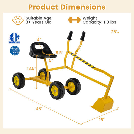 Sand Digger for Kids with 2-Handed Controls and Flexible Shovel-Yellow