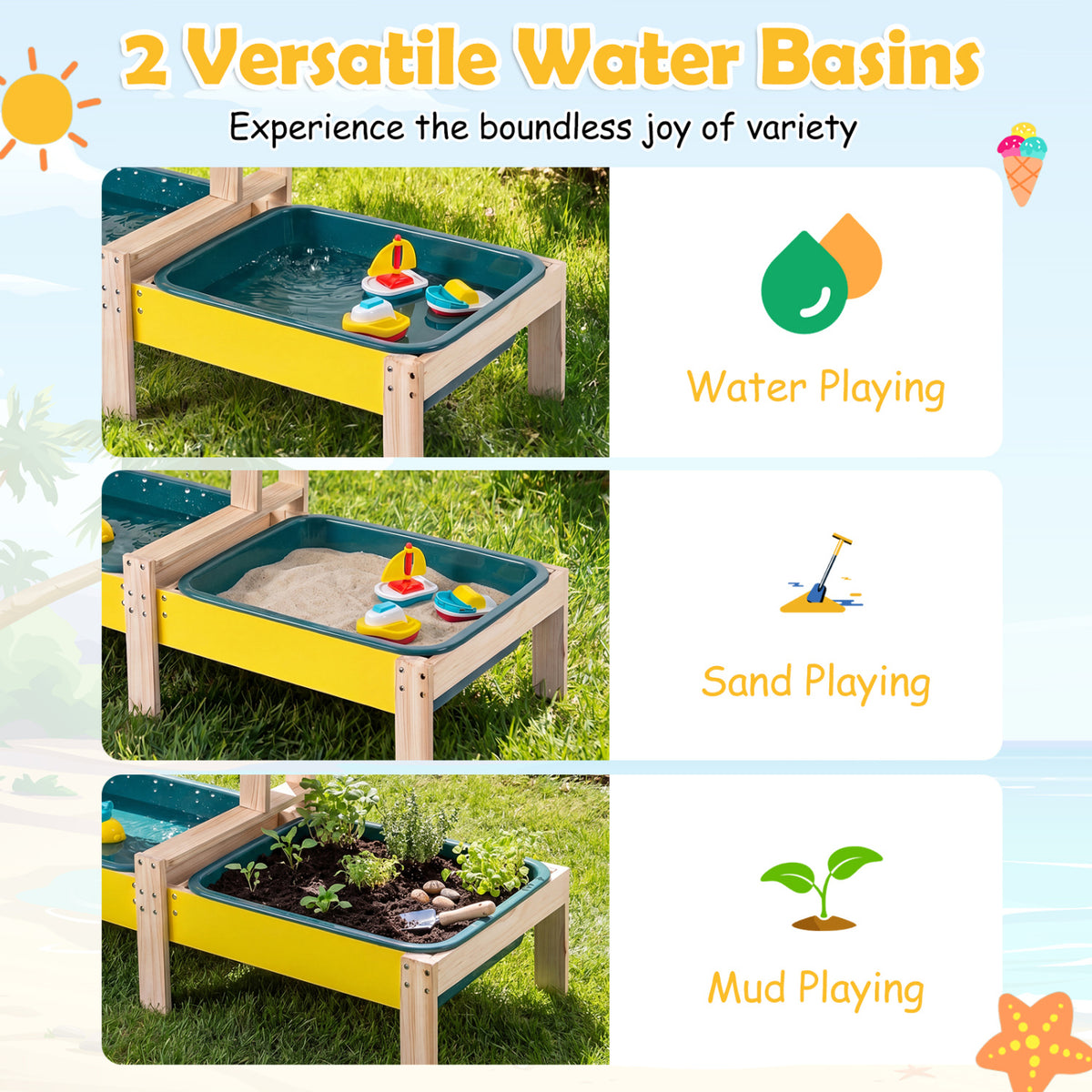Sand and Water Table for Toddlers with 2 Water Basins-Multicolor