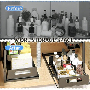 Under Sink Organizer Rack 2 Tier Under Sliding Cabinet Basket Organizer Drawer , Multi-Purpose Under Sink Storage For Bathroom Kitchen Desktop (Black)