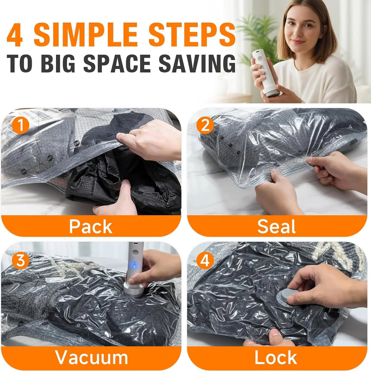 Vacuum Storage Bags with Electric Pump, Space-Saving Compression Pouches, Portable Mini Cordless Vacuum Sealer, Ultra-Compact Lightweight Travel Organizer