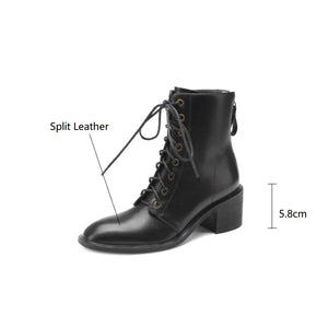 Women's Round Toe Split Leather Boots with Chunky Heels