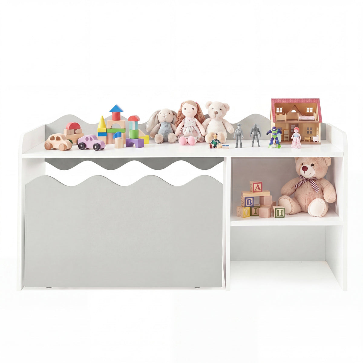 Scalloped Kids Bookshelf and Toy Storage Organizer for Playroom-Gray