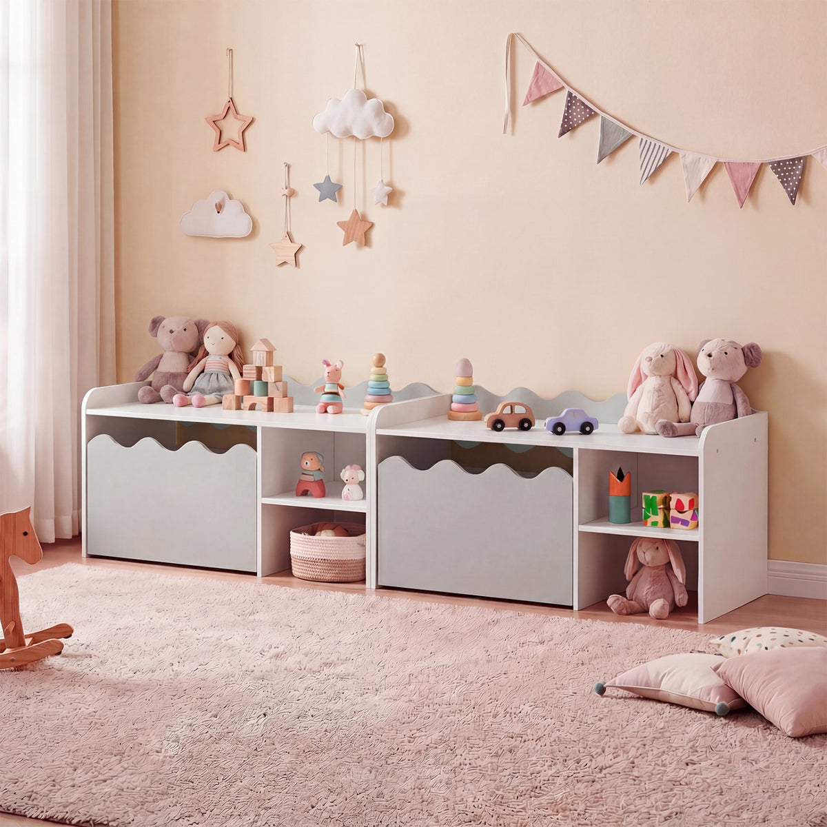 Scalloped Kids Bookshelf and Toy Storage Organizer for Playroom-Gray