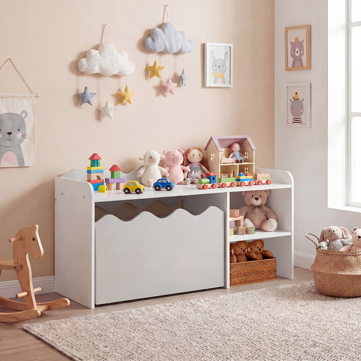 Scalloped Kids Bookshelf and Toy Storage Organizer for Playroom-Gray