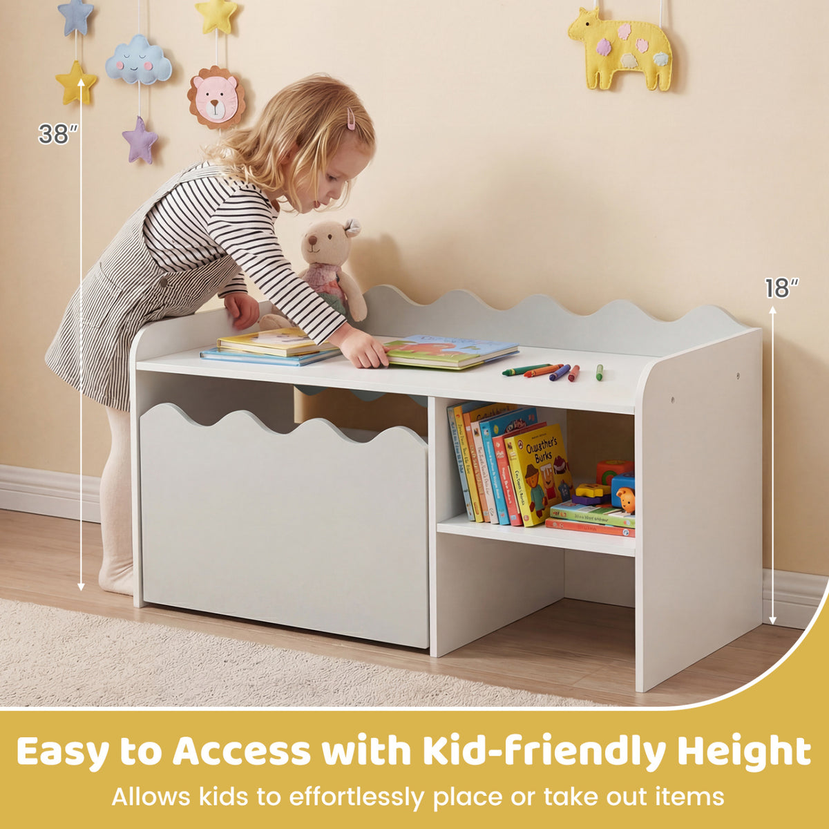 Scalloped Kids Bookshelf and Toy Storage Organizer for Playroom-Gray