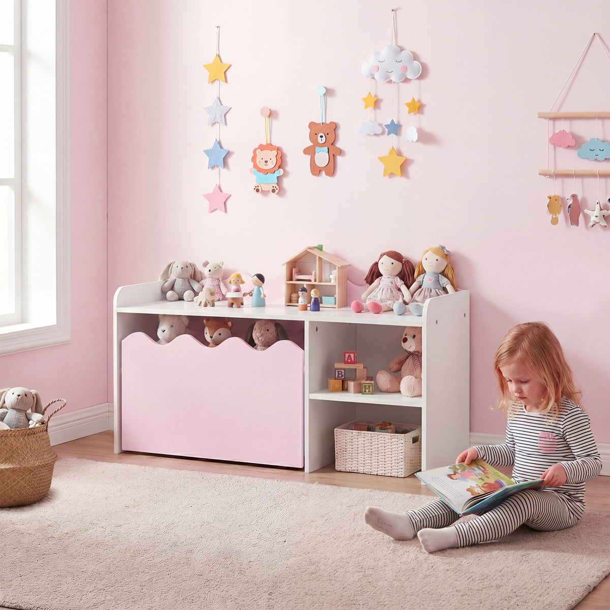 Scalloped Kids Bookshelf and Toy Storage Organizer for Playroom-Pink