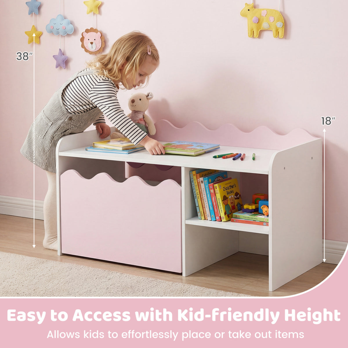 Scalloped Kids Bookshelf and Toy Storage Organizer for Playroom-Pink