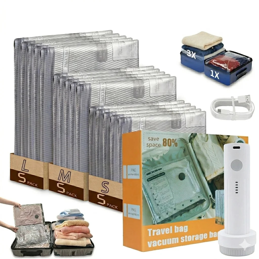 Vacuum Storage Bags with Electric Pump, Space-Saving Compression Pouches, Portable Mini Cordless Vacuum Sealer, Ultra-Compact Lightweight Travel Organizer