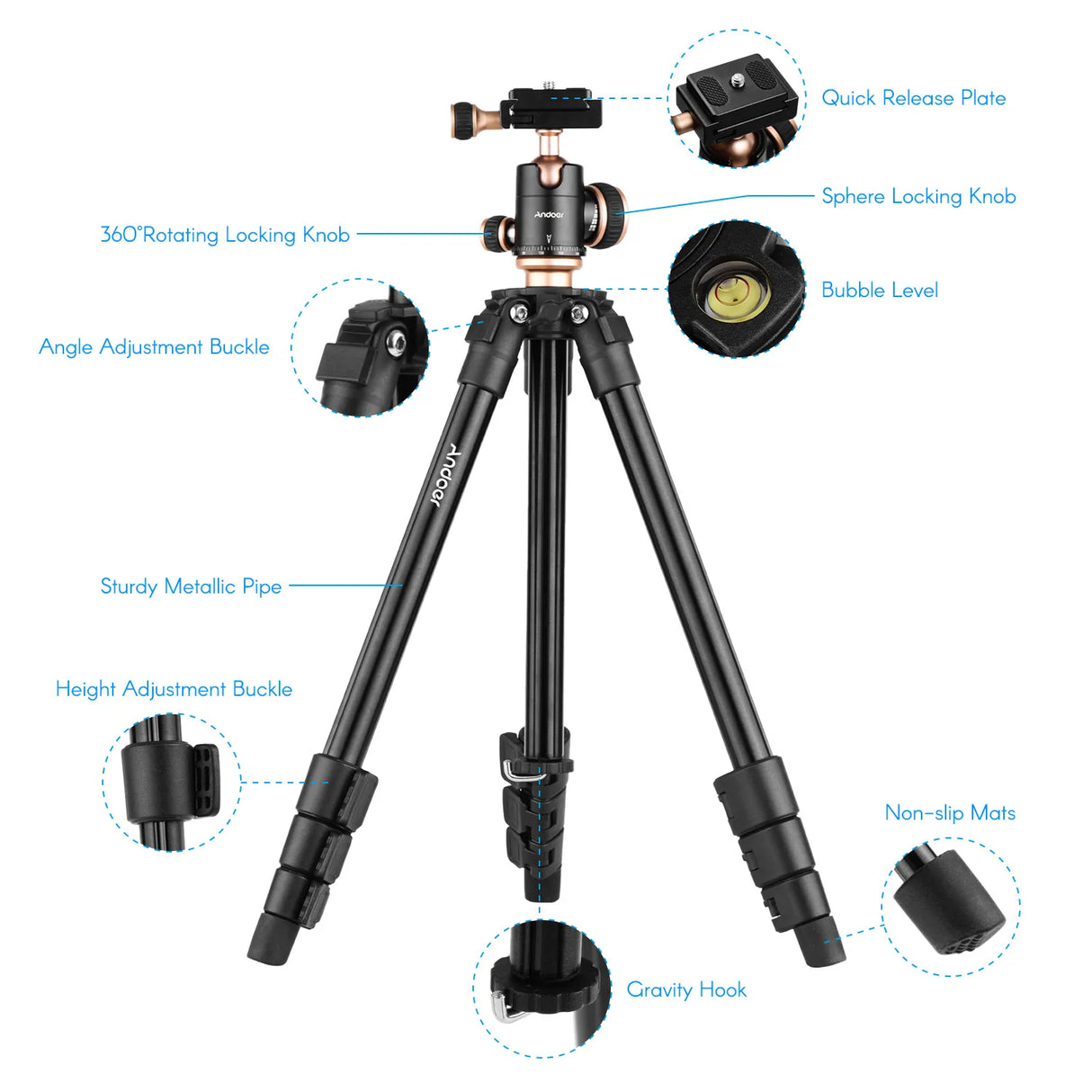 Andoer Q160SA Camera Tripod with Panoramic Ballhead Bubble Level Adjustable Height for DSLR Camera Camcorder Mini Projector