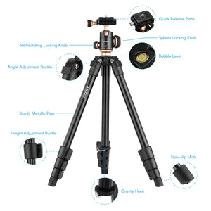 Andoer Q160SA Camera Tripod with Panoramic Ballhead Bubble Level Adjustable Height for DSLR Camera Camcorder Mini Projector
