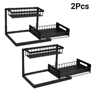 Under Sink Organizer Rack 2 Tier Under Sliding Cabinet Basket Organizer Drawer , Multi-Purpose Under Sink Storage For Bathroom Kitchen Desktop (Black)