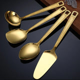 Gold Stainless Steel Kitchen Utensils Set: Spatula, Salad Spoon, Fork, Serving Tools
