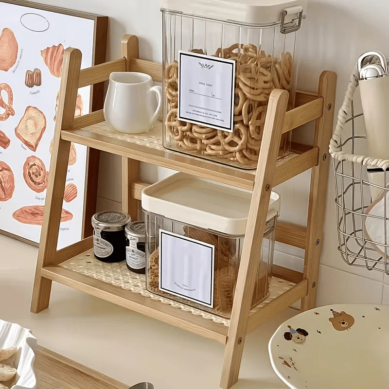 1-Piece (Small) 2-Tier Bamboo Organizer Rack – Multifunctional Storage Shelf for Kitchen, Office, or Bedroom | Arched Design, Bohemian-Style Wood Finish | Ideal for Displaying Coffee Mugs, Plants, Cosmetics, and Wine – Pr