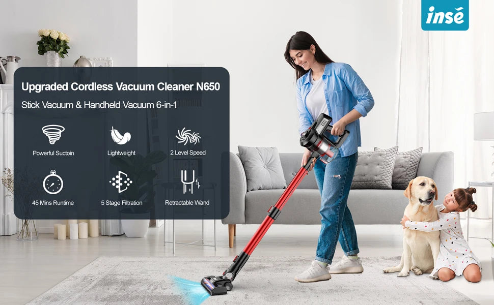 INSE N650 Cordless Vacuum Cleaner Powerful Suction 4-in-1 Stick Vacuum Cleaner Rechargeable Battery Up to 45mins Runtime