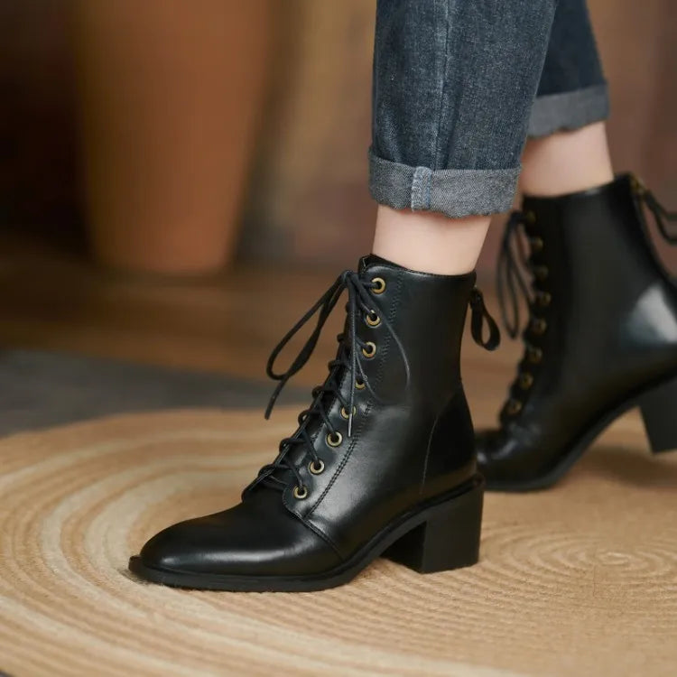 Women's Round Toe Split Leather Boots with Chunky Heels