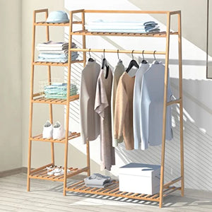 Bamboo Clothing Garment Rack, Free Standing Clothes Coat Hanger, Closet Organizer w/Shoe Rack, Multi-tiered Wardrobe Storage Sh