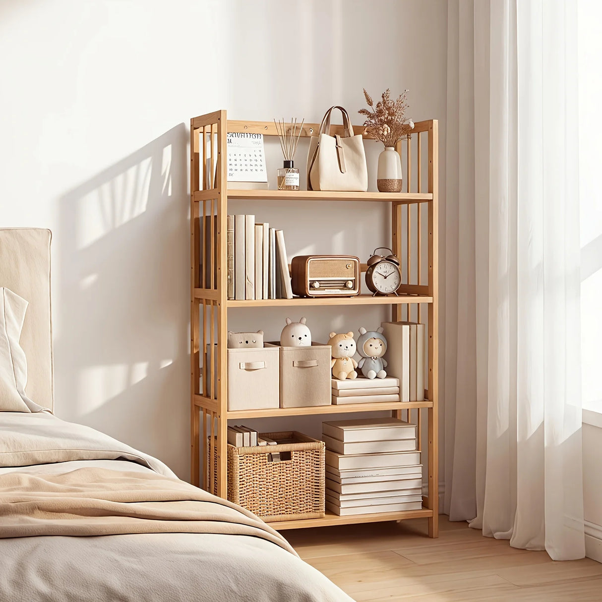 Bamboo Bookshelf with Adjustable Shelves, Narrow 4 or 5 Tier Wooden Bookcase, Natural Storage Shelf Organizer for Small Spaces, Bedroom, Living Room, Home Office, Standing Shelf