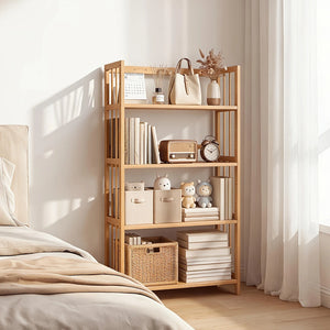 Bamboo Bookshelf with Adjustable Shelves, Narrow 4 or 5 Tier Wooden Bookcase, Natural Storage Shelf Organizer for Small Spaces, Bedroom, Living Room, Home Office, Standing Shelf
