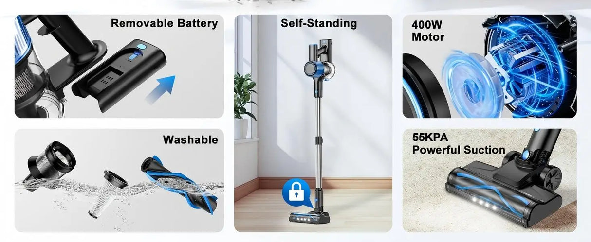 Cordless Vacuum Cleaner，55Kpa/45Mins/8 in 1 Powerful Suction,Self-Standing, 3 Suction Modes, Vacuum for Floor Carpet Pet Hair