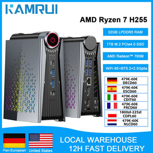 KAMRUI Mini Gaming PC AMD Ryzen7 H255 32GB LPDDR5 1TB M.2 PCIe SSD Wifi6E BT5.2 2.5GLAN Radeon 780M 8K Win11pro Desktop Computer