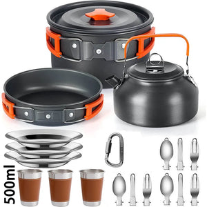 Complete Camping Kitchen Cookware Tableware & Teapot for 2-3