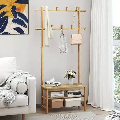 Natural Bamboo 3-in-1 Entryway Organizer: Freestanding Coat Rack With Bench, 11 Hooks, and 3-Tier Shoe Storage