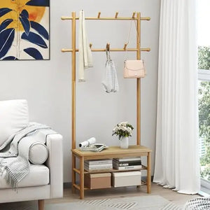 Natural Bamboo 3-in-1 Entryway Organizer: Freestanding Coat Rack With Bench, 11 Hooks, and 3-Tier Shoe Storage