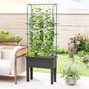 Self-watering Raised Garden Bed Elevated Planter with Climbing Trellis-Black