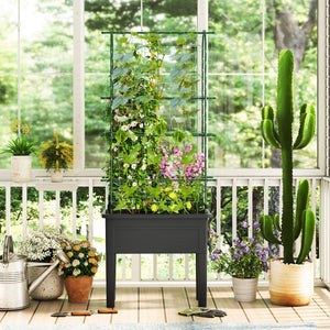 Self-watering Raised Garden Bed Elevated Planter with Climbing Trellis-Black