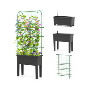 Self-watering Raised Garden Bed Elevated Planter with Climbing Trellis-Black