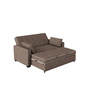 The Serta Monroe Full Size Convertible Sofa boasts a modern and minimalist design with tufted cushions, contrasting light piping, and two matching pillows. It features a pull-out mechanism that effortlessly transforms it into a bed.
