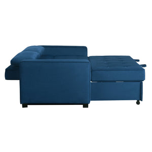 Introducing the Serta Monroe Full Size Convertible Sofa: This blue L-shaped sectional features tufted cushions with one section extending outward to create a chaise lounge effect. The plush fabric and small dark legs make it an elegant addition to any room.