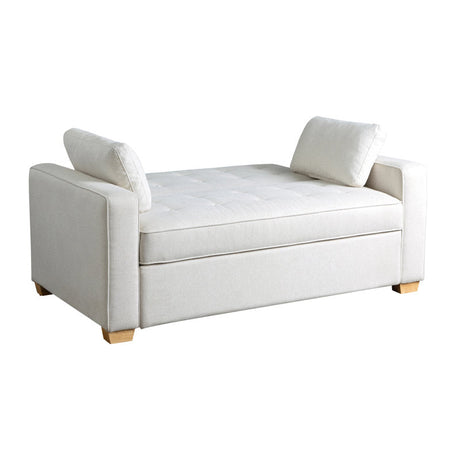 The Serta Monroe Full Size Convertible Sofa is a white, upholstered storage bench featuring two attached side cushions, a tufted seat, and wooden legs. Its contemporary and functional design makes it suitable for use in the living room or bedroom.