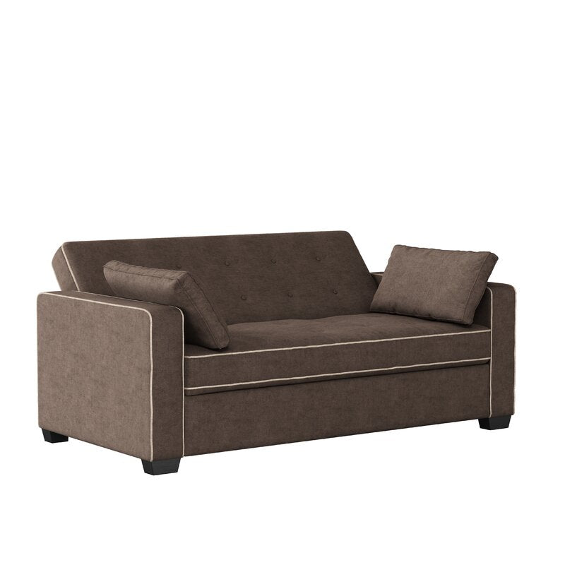 The Serta Monroe Full Size Convertible Sofa is a brown, two-seater with a straightforward design, showcasing two cushions and subtle light piping details, set against a white backdrop.