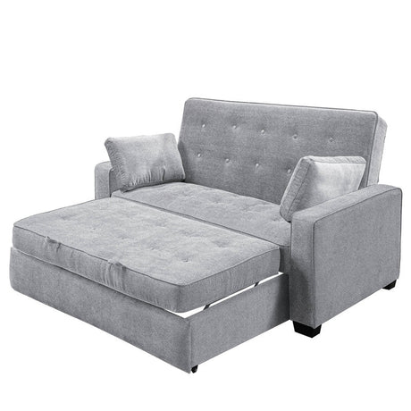 Serta Monroe Full Size Convertible Sofa in gray features a tufted design with armrests and includes two cushions. It has a pull-out section that transforms it into a bed, all showcased on a white background.